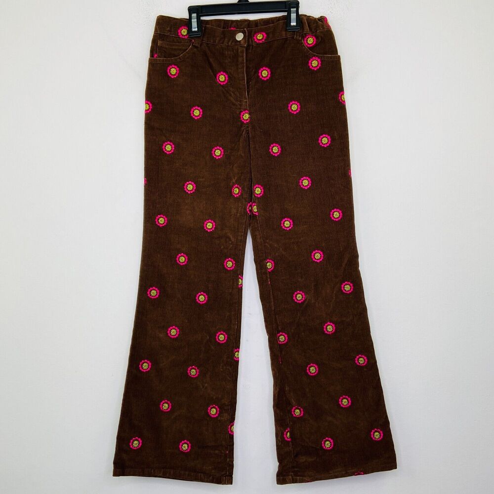 Lilly Pulitzer Girl's 10 Pants Brown Corduroy Floral Embroidered Flare Leg BO13